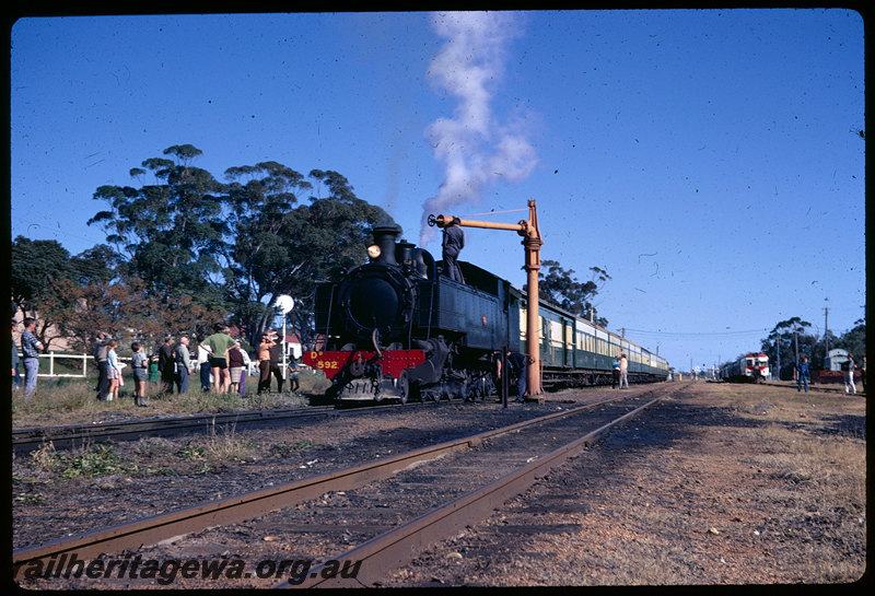 T06303
DD Class 592 on ARHS tour train, taking water at Armadale, returning to Perth after parallel run with NSWGR C38 Class 3801 on 
