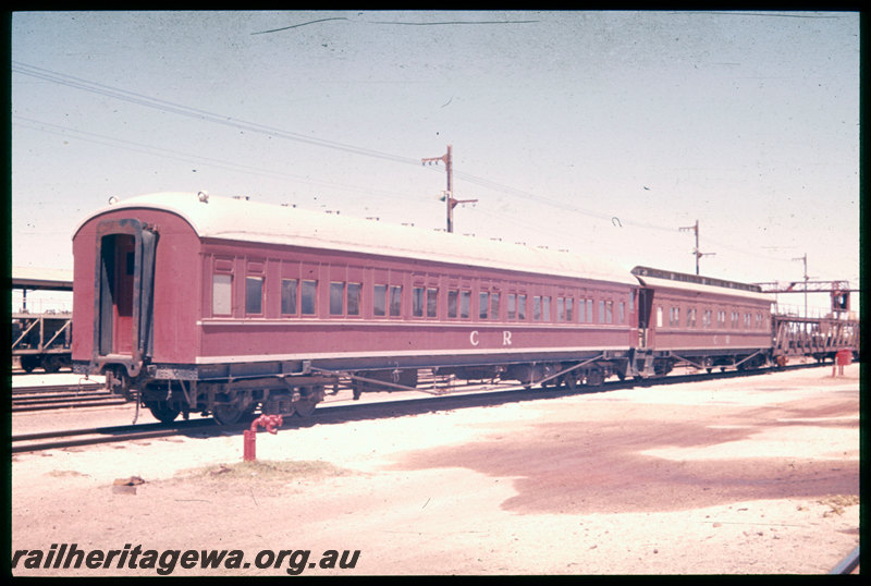 T06654
Commonwealth Railways AR Class 34 sleeping car, A? Class car, car carrier wagons, Parkeston
