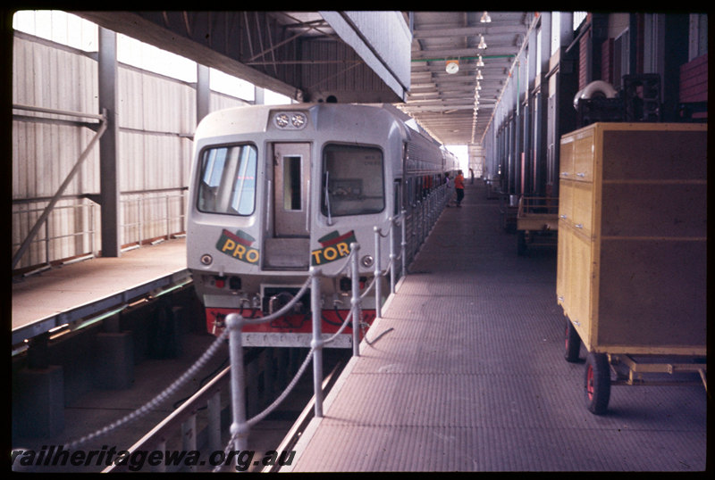 T06665
WCA Class Prospector railcar, corridor door removed, Forrestfield Carriage Shed, inspection pit
