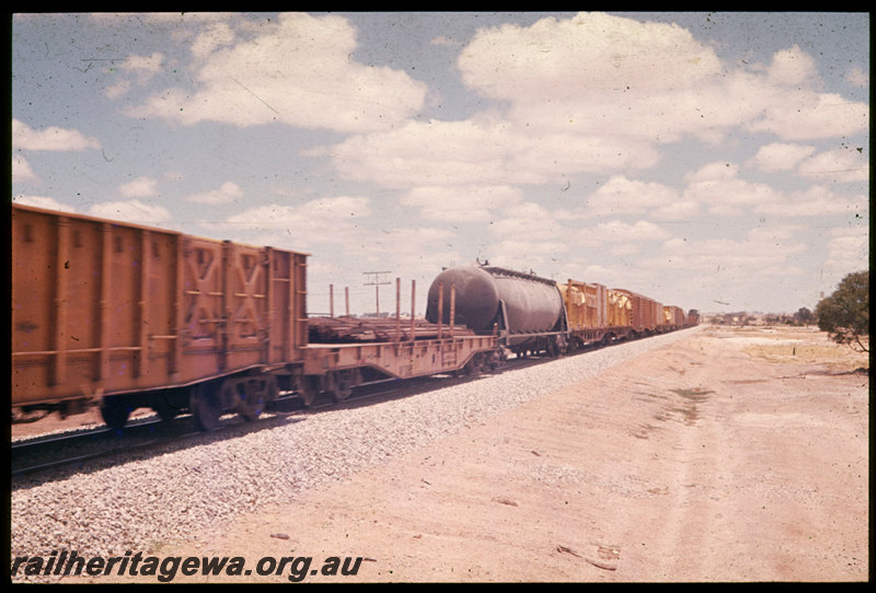 T06667
Standard gauge freight train, WG Class open wagon, WF Class flat wagon, WK Class cement wagon, WFX Class flat wagons, WV Class vans, narrow gauge loco on WFL Class transfer wagons in consist, unknown location, EGR line
