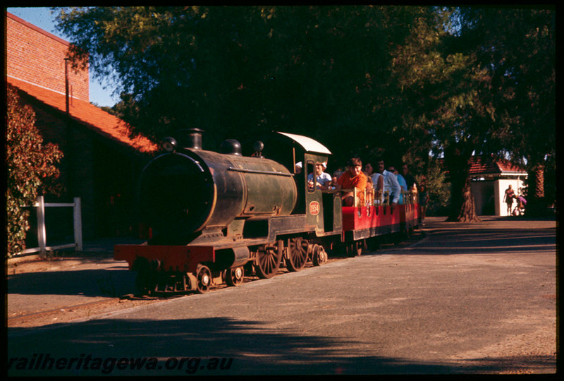 T06699
Miniature steam outline locomotive, No. 1954, powered by a four-cylinder Ferguson petrol tractor engine, built by the State Engineering Works at Rocky Bay, second locomotive used on the line, operated between operated 1954 and 1973, side-rods removed, rail in roadway originally from Rottnest Island tramway, Perth Zoological Gardens, South Perth
