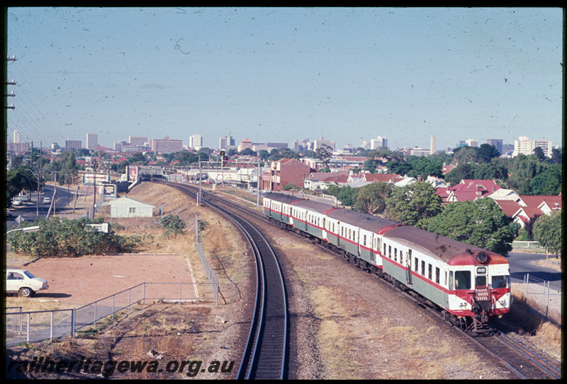 T06760
ADA/ADG/ADA/ADG Class railcar set, Down suburban passenger service, Mount Lawley, subway, signal gantry, search light signals, photo taken from footbridge, ER Line
