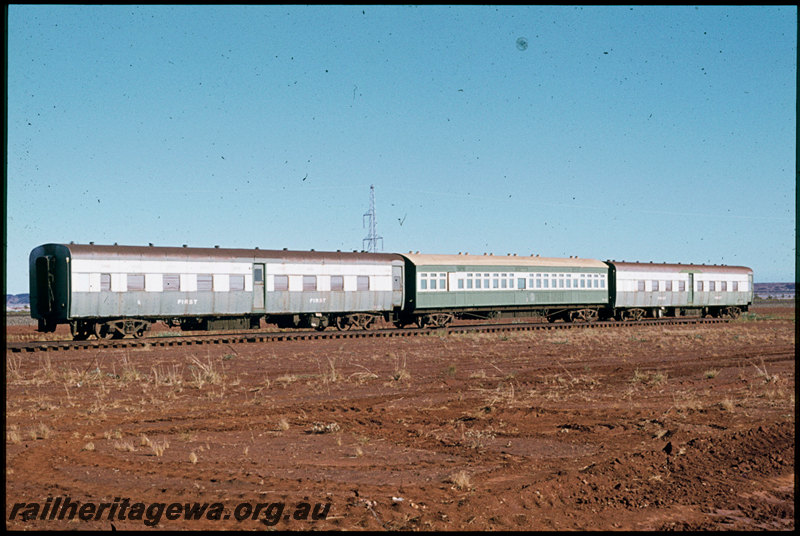 T07484
Ex-WAGR carriages AH Class 564, AYL Class 29 and AH Class 565, on temporary standard gauge bogies, preserved at Pilbara Railway Historical Society, Six Mile Museum, Dampier
