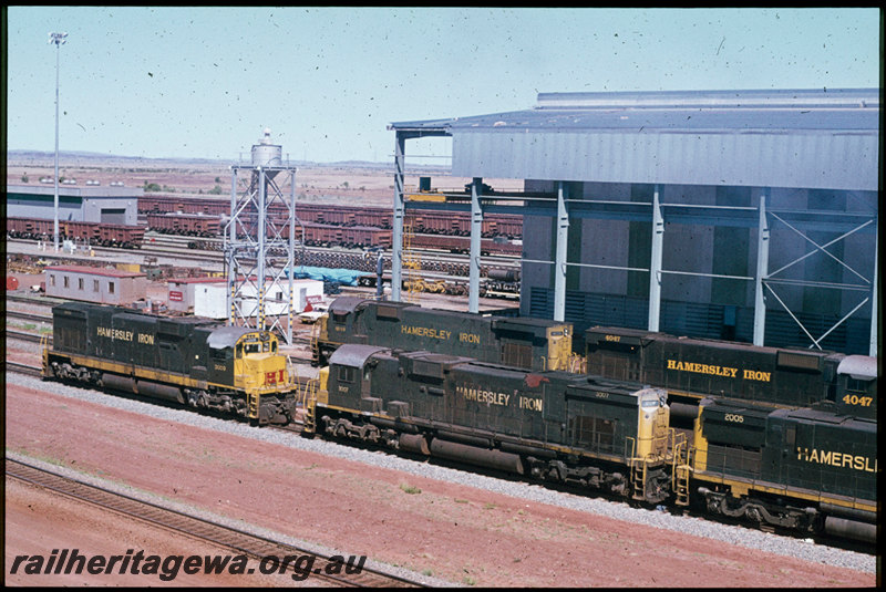 T07485
Hamersley Iron ALCos C636 3009, M636 4039, C636 3007, M636 4047, C628 2005, 7 Mile Workshops, Dampier, Pilbara

