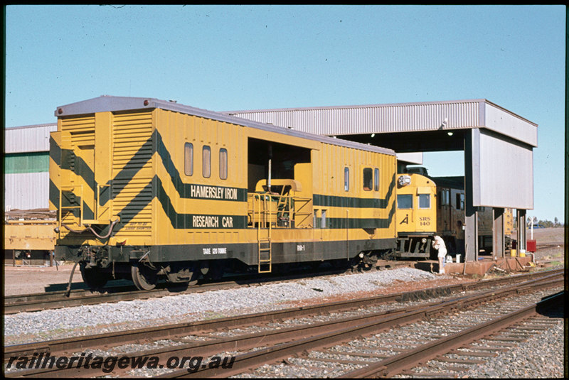 T07498
Hamersley Iron Research Car RVA-1, Sperry Rail Service SRS 140 rail flaw detection vehicle built from a surplus R-33 New York City Subway car shell, 7 Mile Yard, Dampier, Pilbara
