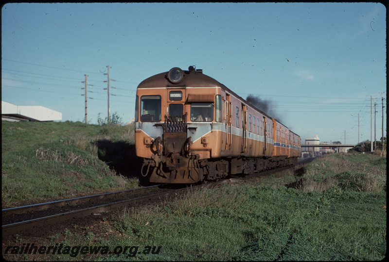 T07938
ADX/AYE/ADX Class railcar set, Down suburban passenger service approaching Bunbury Bridge, East Perth, SWR line
