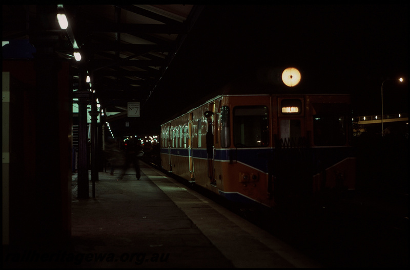 T07947
Single ADG Class railcar, Down suburban passenger service, City Station, Perth, Platform 7, ER line, night photo
