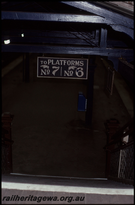 T07952
Platform signage, viewed from footbridge towards Platform 6 and 7, City Station, Perth, ER line, night photo
