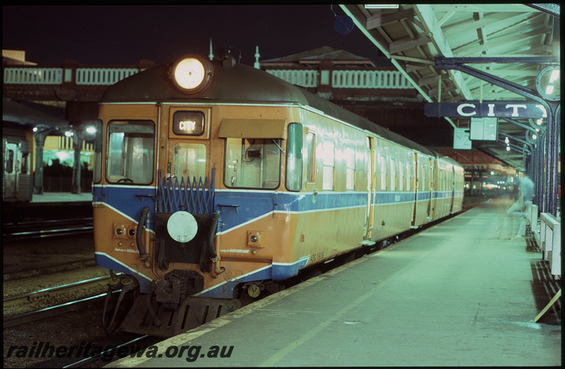 T07954
ADG Class 608 with ADA Class trailer, Up suburban passenger service, station nameboard, Platform 2, City Station, Perth, ER line, night photo
