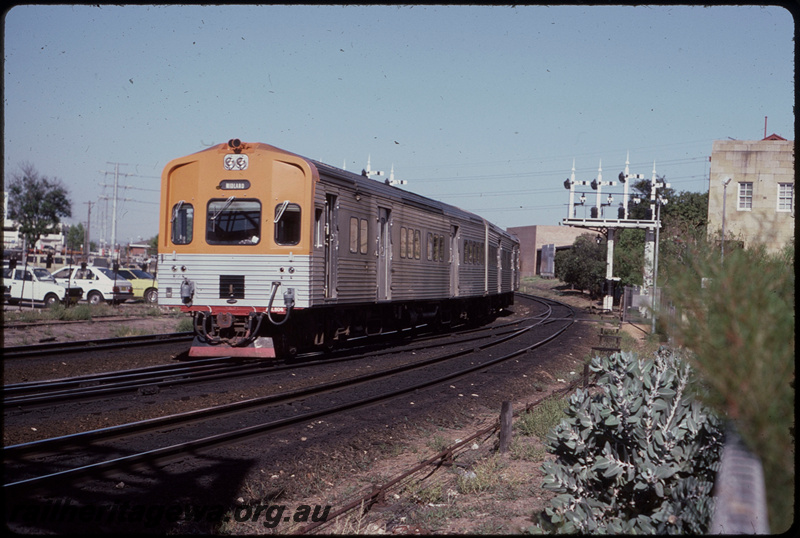 T08010
ADL Class 804 with ADC Class trailer, Up suburban passenger service, arriving at City Station, Perth, destination indicator incorrect, semaphore bracket signal, point rodding, signal wires, ER line
