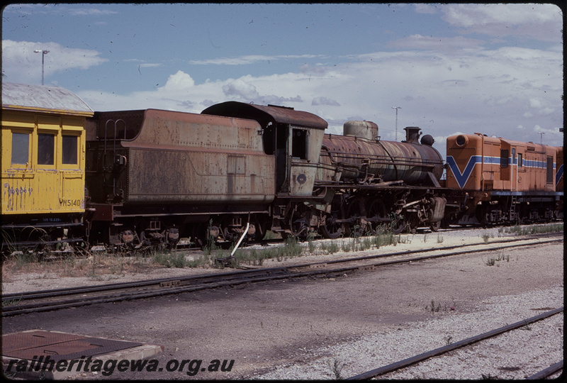 T08023
W Class 924, previously owned by Great Southern Steam Association, recently returned from Albany, stored, Forrestfield Yard, locomotive had been sold to the Ghan Preservation Society in Alice Springs, VW Class 5140 (ex-ZA Class 160) workmens van, Y Class 1111
