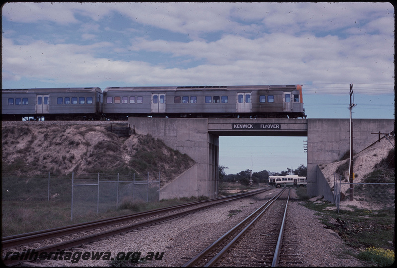 T08060
ADL/ADC Class railcar set, Up suburban passenger service, Kenwick Flyover, Albany Highway level crossing, SWR line 
