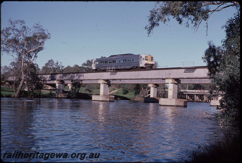 T08070
Single WCA Class Prospector railcar, Down service, Swan River Bridge, steel girder, concrete pylon, Guildford, ER line
