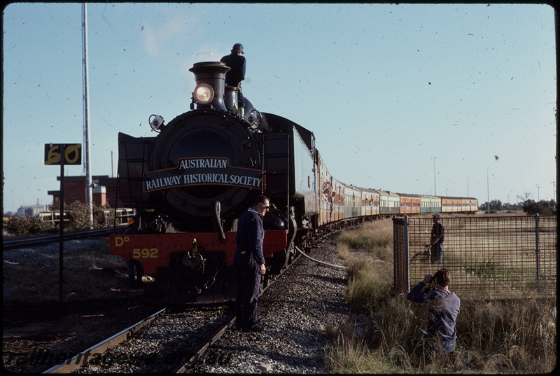 T08124
DD Class 592, Down ARHS passenger special, city circle tour, taking water, speed termination sign, Forrestfield
