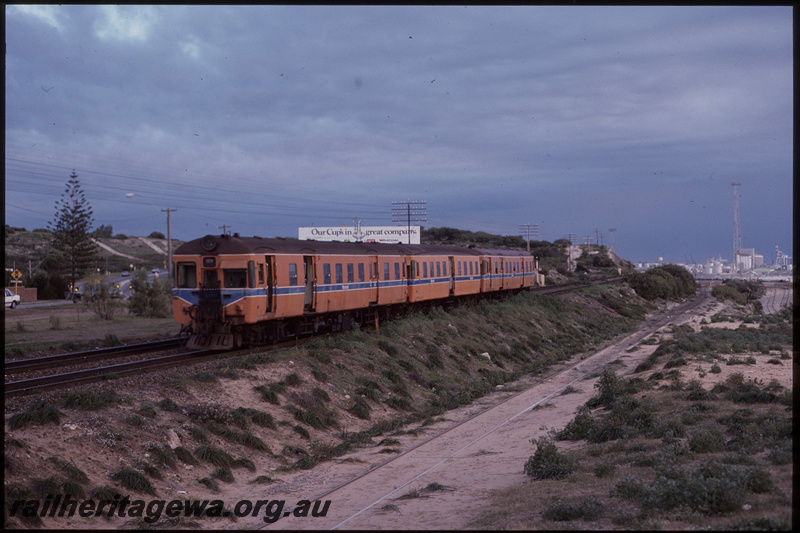 T08231
ADX Class 662, ADA Class trailer, ADX Class 663, Down suburban passenger service, last ADX Class railcar set in service, between Leightion and Victoria Street, Leighton to Cottesloe freight line in foreground, ER line

