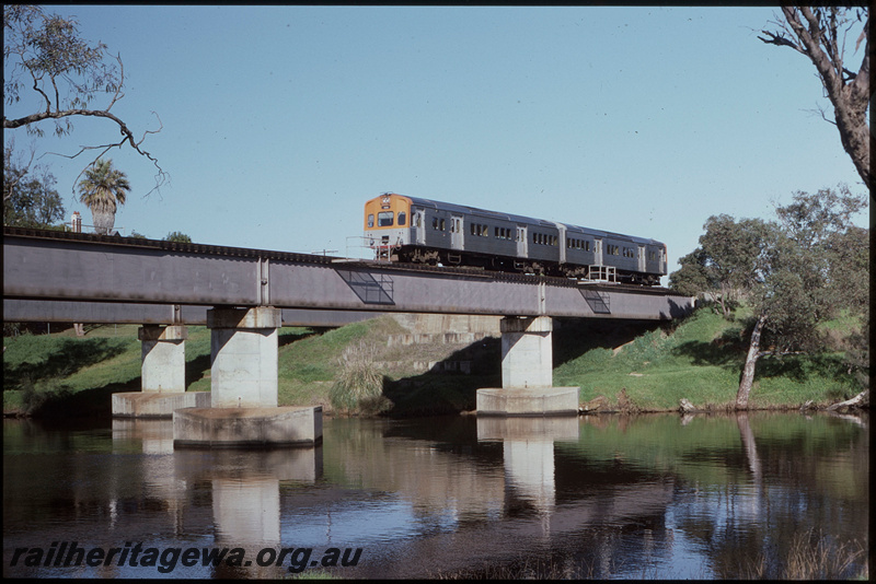 T08242
ADC/ADL Class railcar set, Down suburban passenger service, Swan River Bridge, concrete pylons, steel girder, Guildford, ER line
