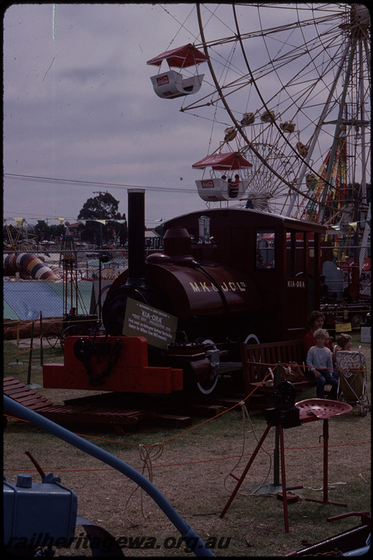 T08261
Kia Ora steam locomotive on display at the Perth Royal Show, Claremont Showgrounds, cosmetically preserved in Millars Karri & Jarrah Co. Ltd. livery

