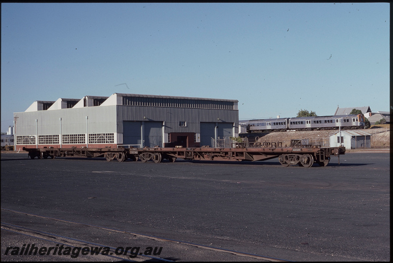 T08342
Victorian Railways VQCX Class flat wagons, North Fremantle, loco depot, ADL/ADC Class railcar set, Up suburban passemger service, ER line

