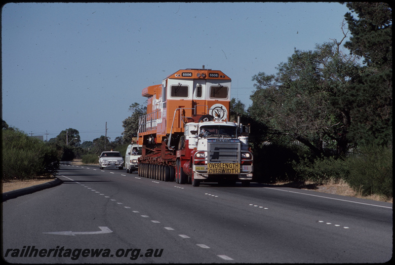T08388
Mount Newman Mining GE C36-7M 5506 (rebuilt from ALCo C636 5455), being transported from A Goninan & Co, Welshpool to the Pilbara on Bell Brothers low-bed trailer, Leach Highway, Kewdale

