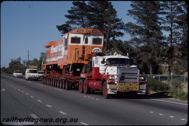T08389
Mount Newman Mining GE C36-7M 5506 (rebuilt from ALCo C636 5455), being transported from A Goninan & Co, Welshpool to the Pilbara on Bell Brothers low-bed trailer, Leach Highway, Kewdale
