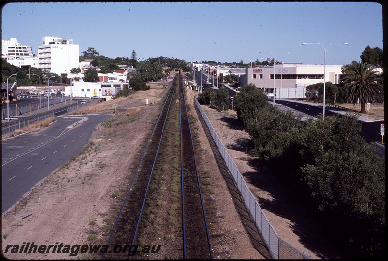 T08607
Site of original West Perth station, demolished, looking towards Fremantle, new City West station in distance, ER line
